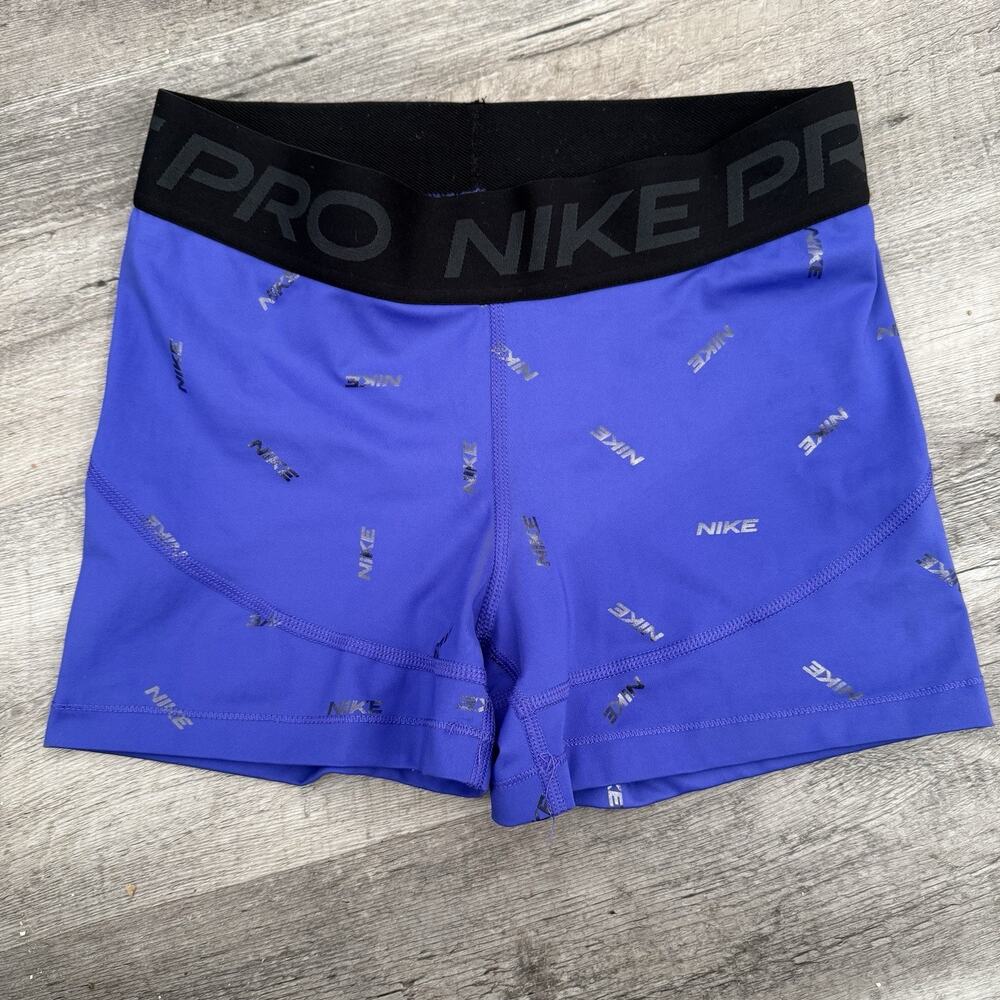 NIKE PRO Dri-Fit Training Shorts Womens Medium 3” Inseam Metallic Logo Purple